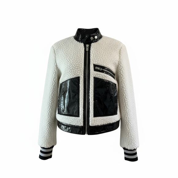 Handmade Black & White Shearling Moto Jacket Patent Leather Contrast, Cropped - Picture 11 of 16